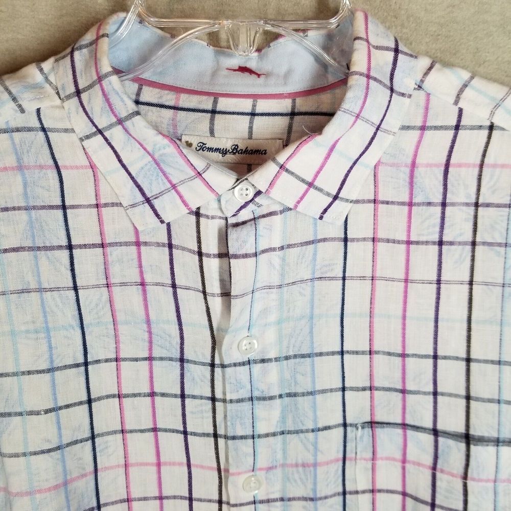 Tommy Bahama Shirt Men's Large Linen Button Long Sleeve Plaid Floral Beachy Pink